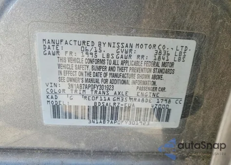 2015 Nissan Sentra S z USA, uszkodzony, nr VIN 3N1AB7AP0FY301923